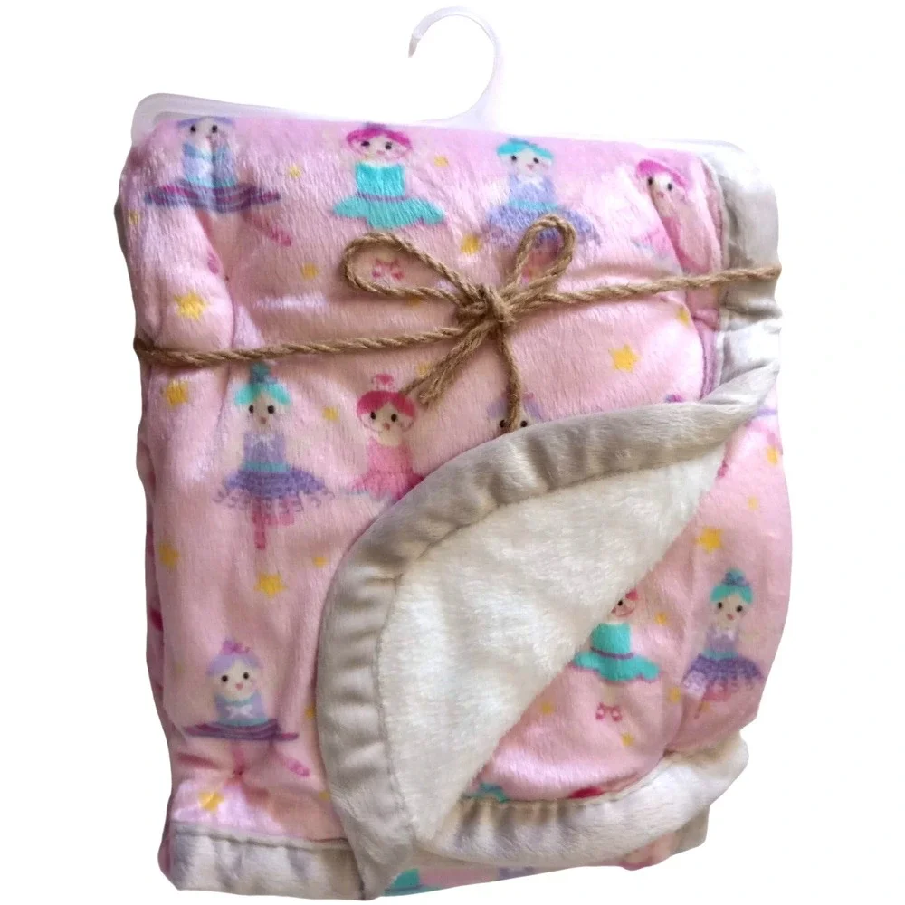 Baby Girl Ballerina Dancers Plush Blanket White Sherpa Pink‎ Stars Soft 123745